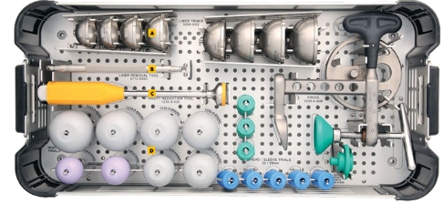 The inside of a medical tray used to implant the MDM Hip System