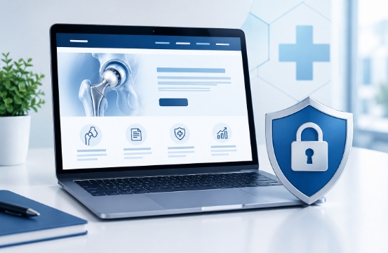 A modern healthcare website displayed on a laptop, protected by a simple digital shield and lock symbol, clean professional medical technology aesthetic, white background, subtle navy and light blue accents, minimal realistic 3D illustration, no text, no people.
